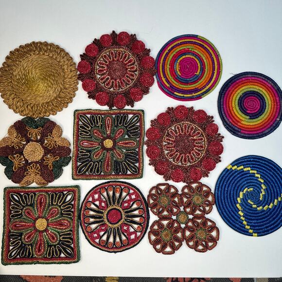 HUGE Vintage Raffia Trivet Wicker Cloth Kitchen Boho Vibrant Decor - Picture 5 of 5